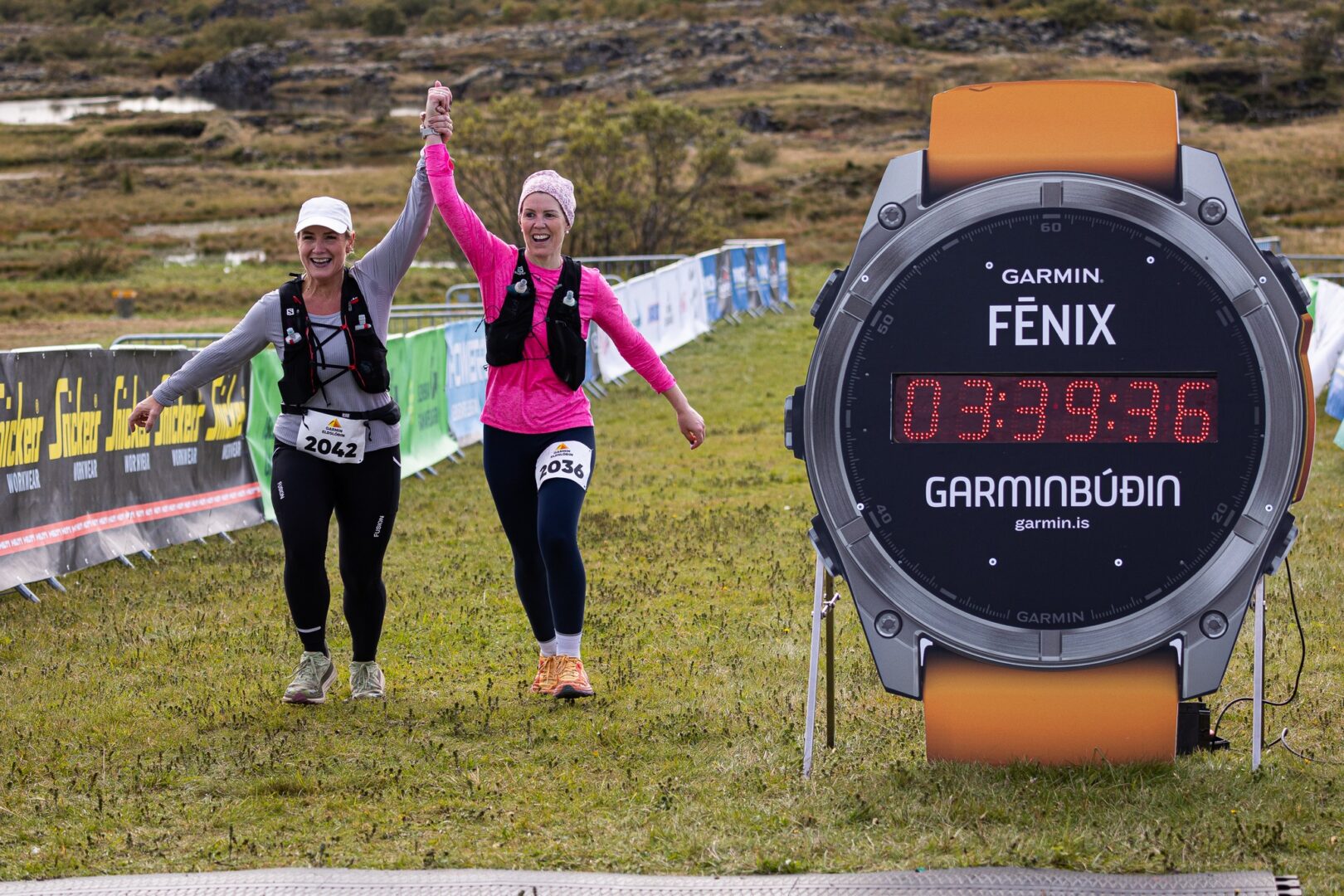 Friends at the Finish Line at Garmin Eldslóðin trail run in Iceland